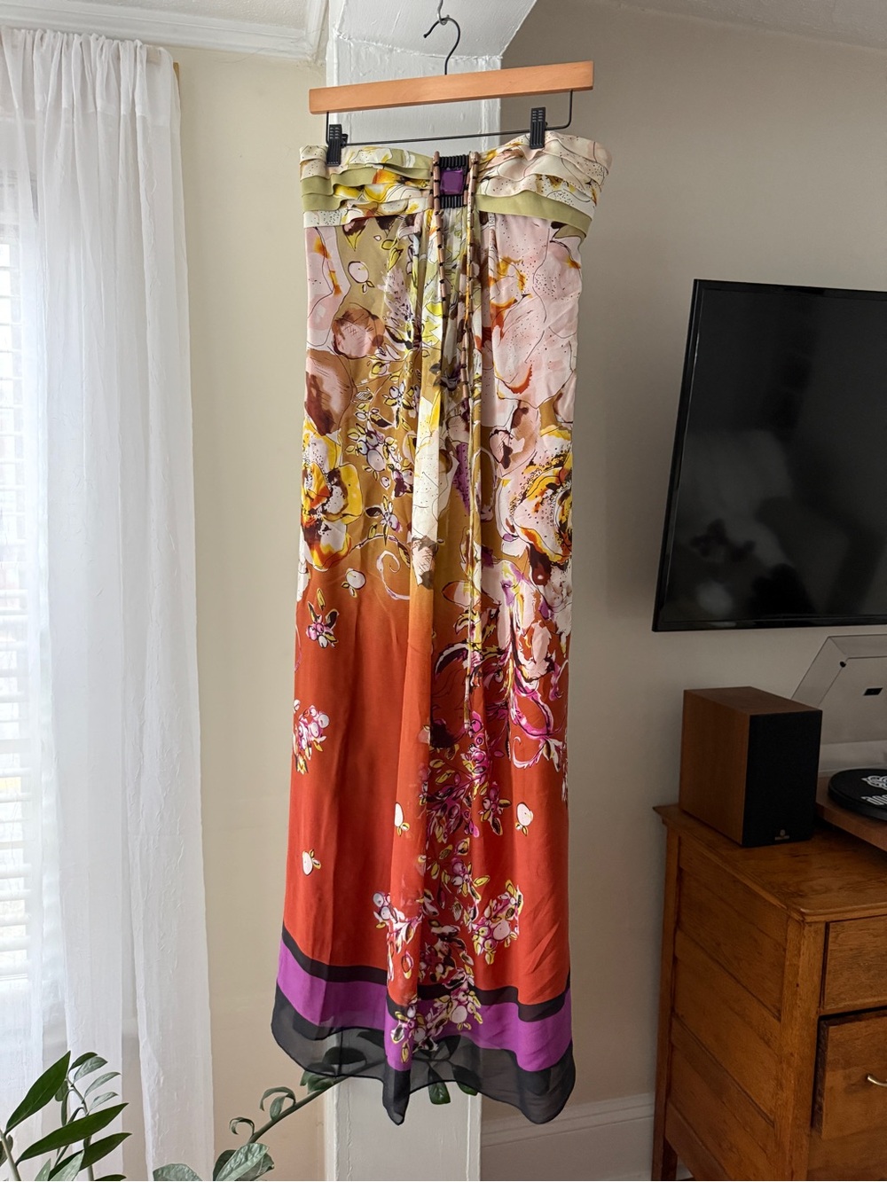 Adrianna Papell Size 8 Strapless Floral Maxi Dress Beaded Waist Ombre